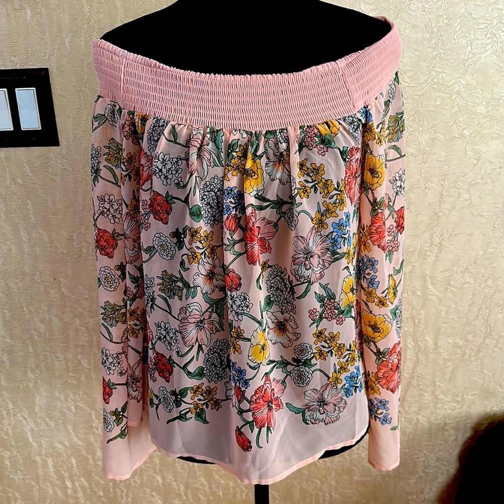 Pink floral off the shoulder chiffon top.